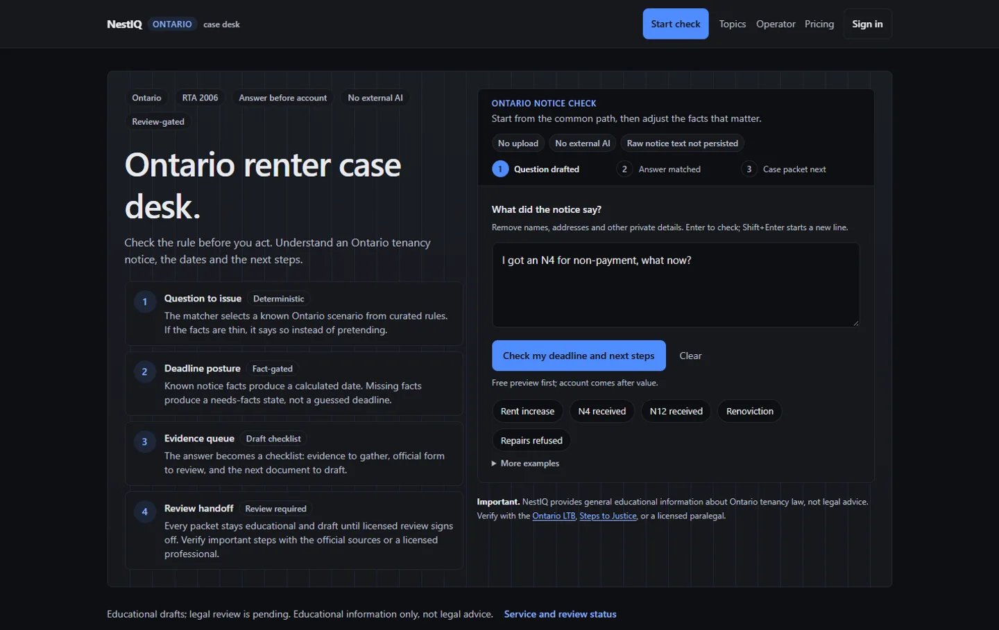 NestIQ Ontario notice check, captured October 7, 2026