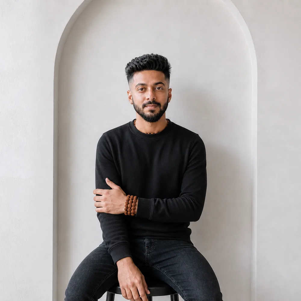 Shrish Manglik, seated, in a white plaster alcove